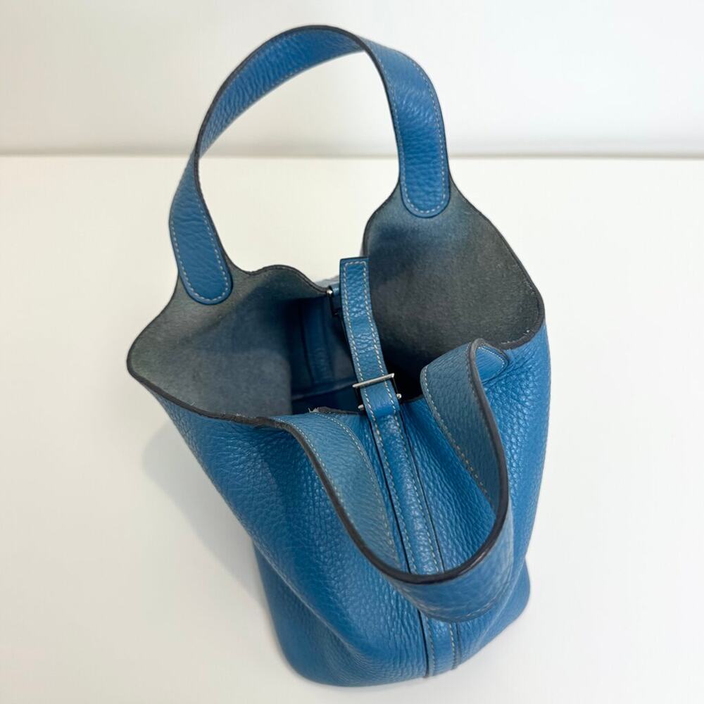 HERMES Vintage Blue Clemence Leather Silver Hardware Picotin Handbag - Picture 5 of 8